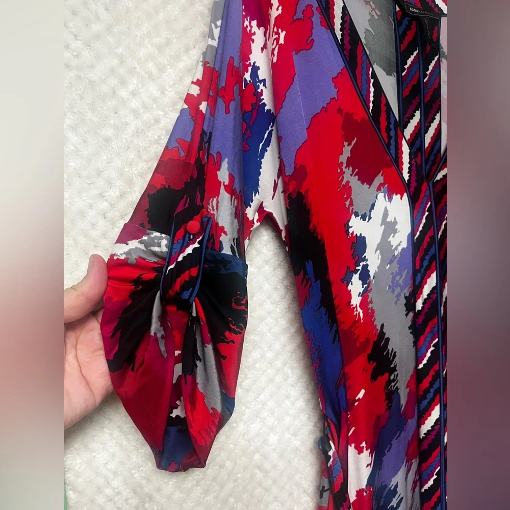 BCBGMaxAzria Brushstroke Red and Blue Dress Stretch Waist Tie V Neckline Medium - Picture 3 of 12